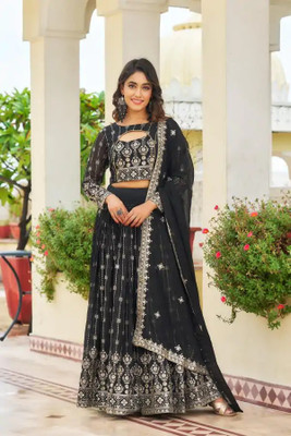 DEVSHREEFASHION Embroidered Semi Stitched Lehenga Choli(Black)