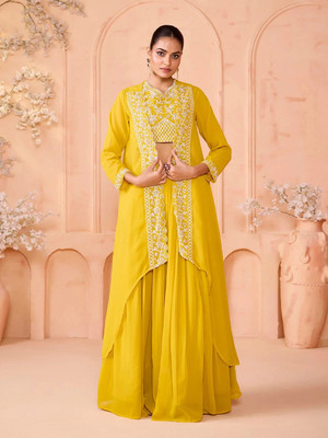 Madhuram Embroidered Stitched Lehenga with Jacket(Yellow)