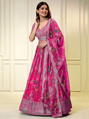 Divastri Embroidered, Floral Print, Embellished Semi Stitched Lehenga Choli(Pink)