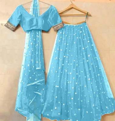 lazyandcrazy shop Embroidered Semi Stitched Lehenga Choli(Light Blue)