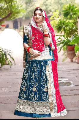 New Pooja Embroidered, Embellished Semi Stitched Lehenga Choli(Light Blue, Pink)