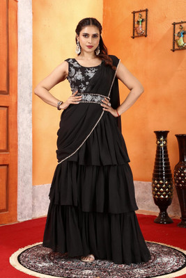 MYSTERY BOX Solid/Plain Pre Draped Saree Georgette Saree(Black)