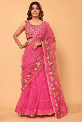 Rityanusaar Embroidered Bollywood Net Saree(Pink)
