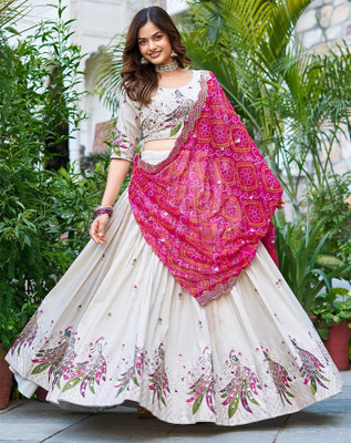 Trijal Fab Embroidered Semi Stitched Lehenga Choli(White, Pink)