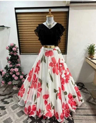 HOUSE OF COMMON Floral Print Stitched Lehenga & Crop Top(Black, White)