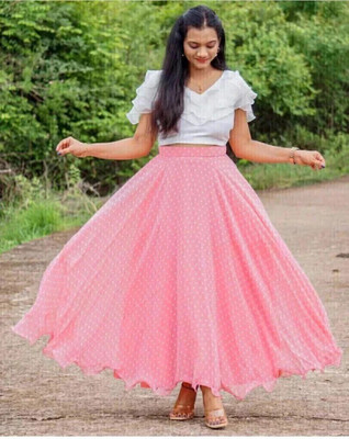 Nakum Bros Polka Print Stitched Lehenga & Crop Top(Pink, White)