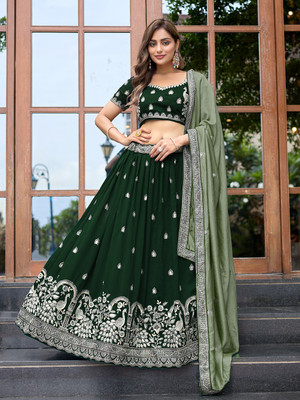 RV Fahion Embroidered Semi Stitched Lehenga Choli(Green)