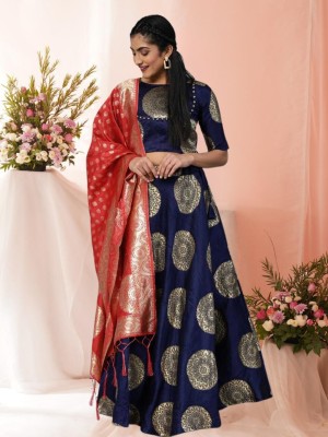 KAZIA Floral Print, Embellished, Self Design, Geometric Print Semi Stitched Lehenga Choli(Blue)