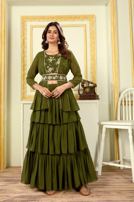 PATLANI STYLE Embroidered Stitched Lehenga with Jacket(Green)