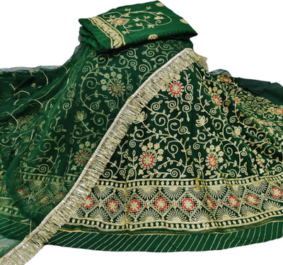 MANTUSHTI Embroidered Semi Stitched Rajasthani Poshak(Dark Green)