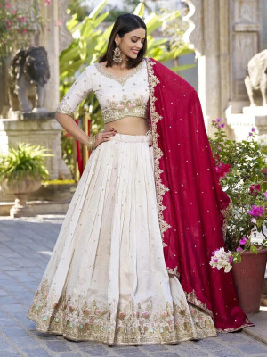 Prahant Embroidered Semi Stitched Lehenga Choli(White)