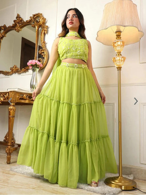 HIRU CREATION Embroidered Semi Stitched Lehenga Choli(Green)