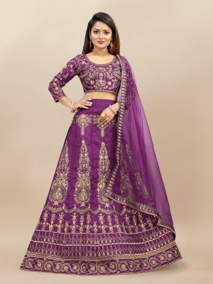 A To Z Cart Embroidered Semi Stitched Lehenga Choli(Purple)