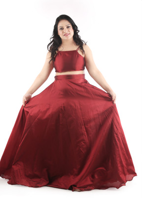 KIYOO Solid Stitched Lehenga & Crop Top(Maroon)