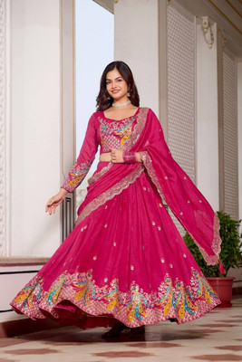 Reelove Factory Embroidered Semi Stitched Lehenga Choli(Pink)