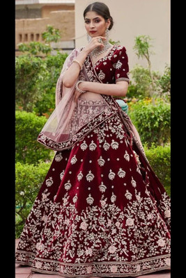 Trendmalls Embroidered Semi Stitched Lehenga Choli(Maroon)