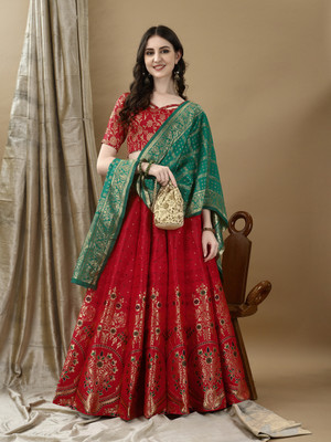 jivuba Self Design Semi Stitched Lehenga Choli(Red)