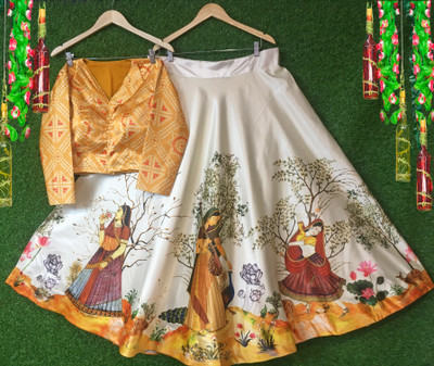 KAHIRAA WHOLETEX Digital Print Semi Stitched Lehenga & Crop Top(Yellow)