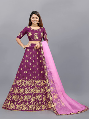 A To Z Cart Embroidered Semi Stitched Lehenga Choli(Purple)