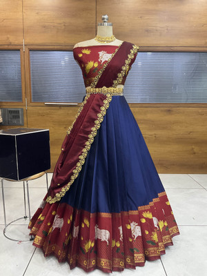 PinkBindi Printed Semi Stitched Lehenga Choli(Dark Blue)