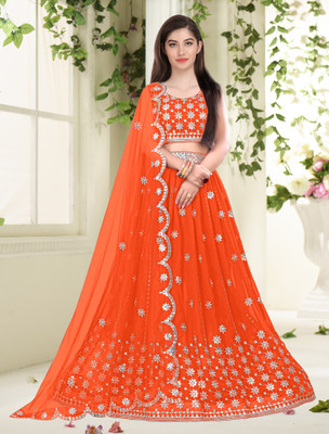 Trust Win Textile Embroidered Semi Stitched Lehenga Choli(Orange)
