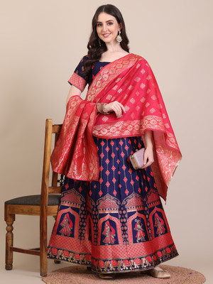 Harshiv Textile Self Design Semi Stitched Lehenga Choli(Pink, Blue)