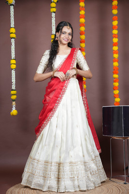 PinkBindi Embroidered Semi Stitched Lehenga Choli(Red)