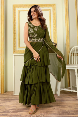 MYSTERY BOX Embroidered Bollywood Georgette Saree(Green)