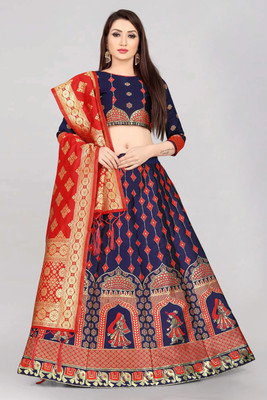 Fabcartz Self Design Semi Stitched Lehenga Choli(Red, Dark Blue)