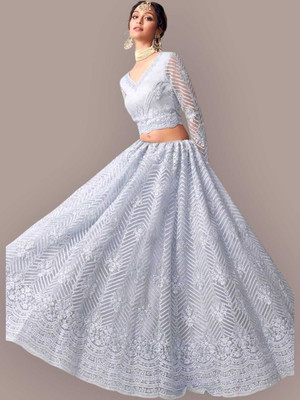 Kitvillaa Embroidered Semi Stitched Lehenga Choli(Multicolor)