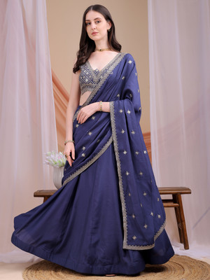 Kinjo Embroidered Stitched Lehenga Choli(Dark Blue)