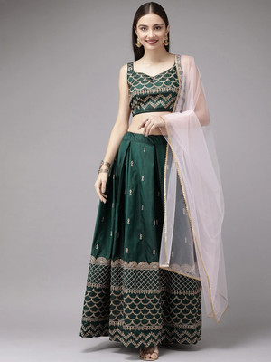 Fabcartz Embroidered Semi Stitched Lehenga Choli(Green)