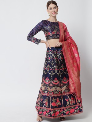 Magmina Embellished, Self Design, Geometric Print Semi Stitched Lehenga Choli(Blue)