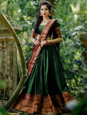 R K INFINITIVE Solid Semi Stitched Lehenga Choli(Green, Red)