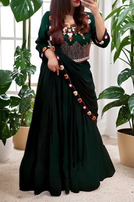 New Pooja Embellished Semi Stitched Lehenga & Crop Top(Green)