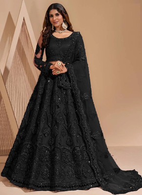 HOUSE OF COMMON Embroidered Semi Stitched Lehenga Choli(Black)