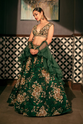 PuriMaa Floral Print Semi Stitched Lehenga Choli(Green)