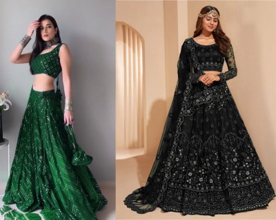 Cute Fellow Embroidered Semi Stitched Lehenga Choli(Green, Black)