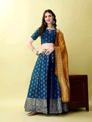 Tishta Floral Print Semi Stitched Lehenga Choli(Blue)