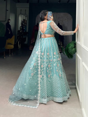 Cute Fellow Embroidered Semi Stitched Lehenga Choli(Blue)
