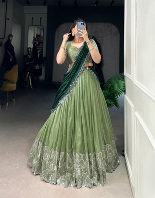 JENIJENI BIZ Self Design Semi Stitched Lehenga Choli(Green)