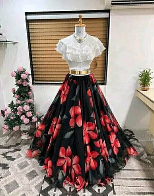 HOUSE OF COMMON Digital Print Semi Stitched Lehenga & Crop Top(Black)