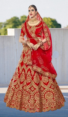 Eva Enterprise Embroidered Semi Stitched Lehenga Choli(Red)