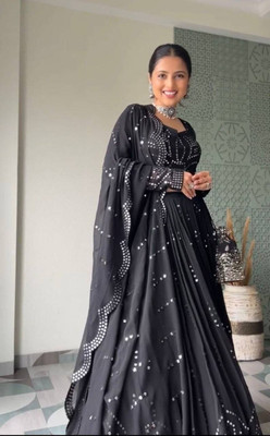 JOVTY Embroidered Semi Stitched Lehenga Choli(Black)