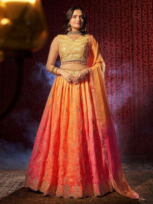 odette Printed Semi Stitched Lehenga Choli(Orange)