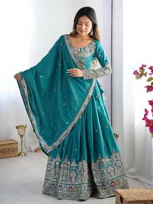 TILKI Embroidered Semi Stitched Lehenga Choli(Green)