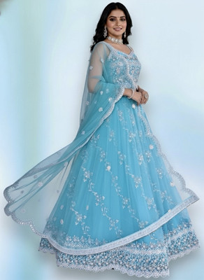 ANAVI FAB FASHION Embroidered, Floral Print, Embellished Stitched Lehenga Choli(Blue, Dark Blue)