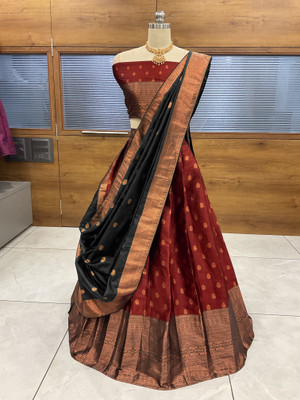 R K INFINITIVE Self Design Semi Stitched Lehenga Choli(Red, Black)