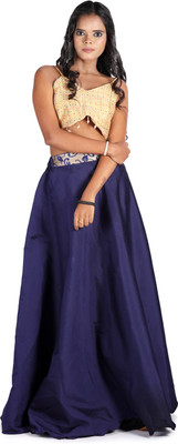 KIYOO Solid Stitched Lehenga Choli(Dark Blue)