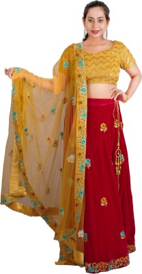 DRESSED UP DIVAS Embroidered Stitched Lehenga Choli(Maroon, Yellow)